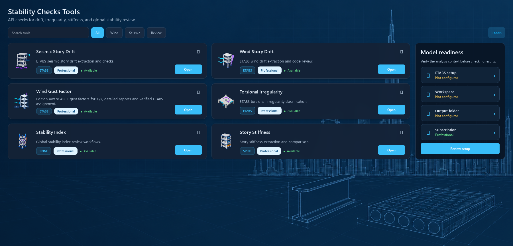 SPINE Stability section showing its six tools